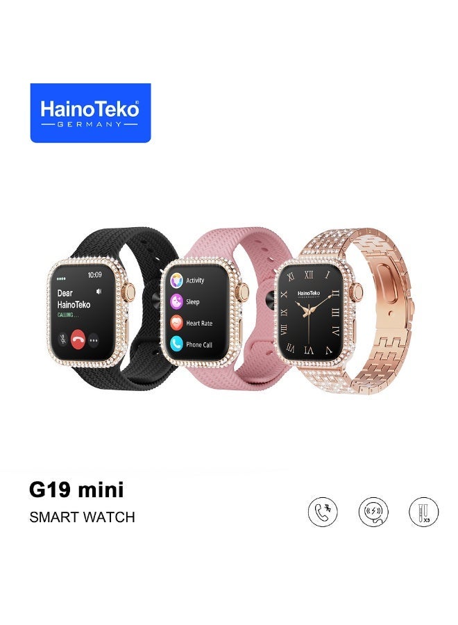 Haino Teko G19 Mini Smart Watch With AMOLED Display 3 Interchangeable Straps and Charging Cable Designed for Ladies - Image 1